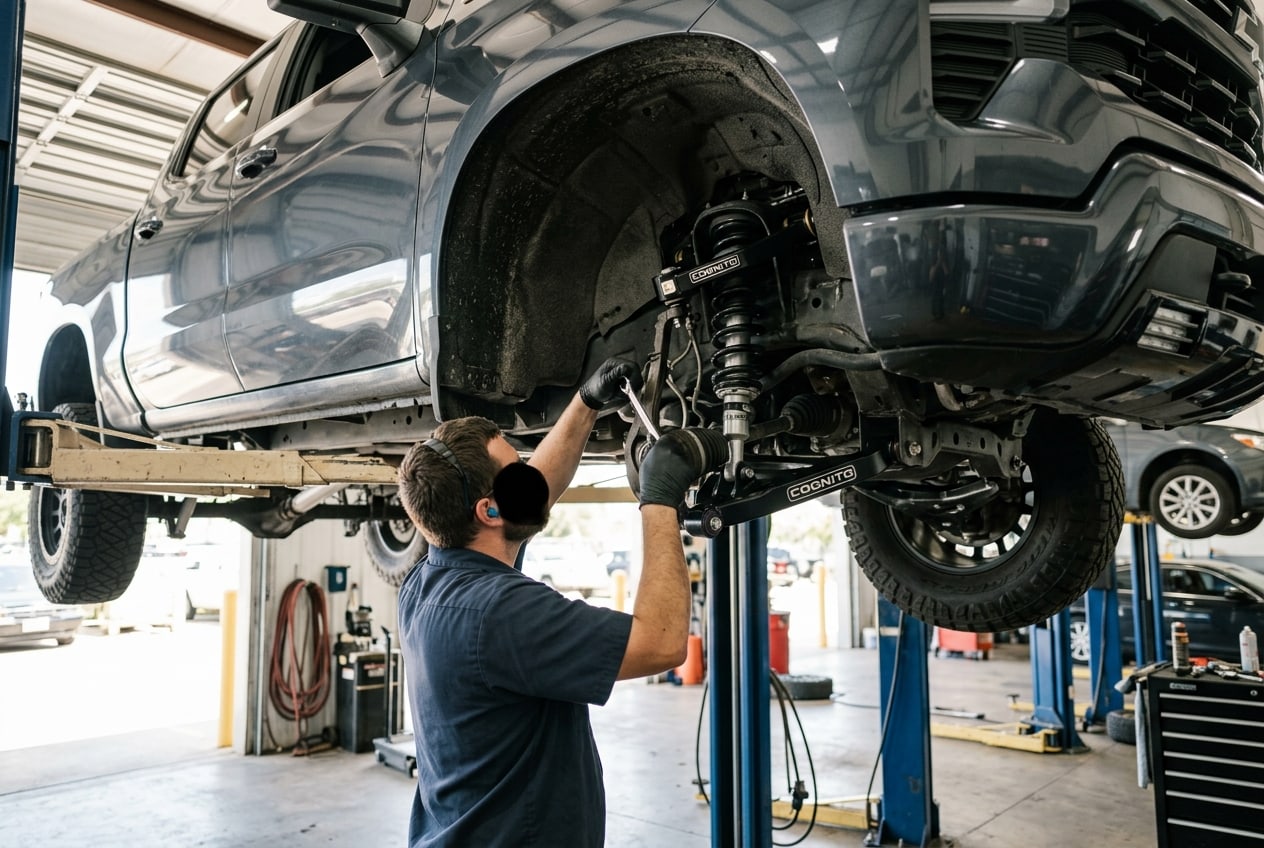 Detailed view of Cognito lift kits components and upper control arms installed on a truck chassis — Metroplex Customs, Irving TX