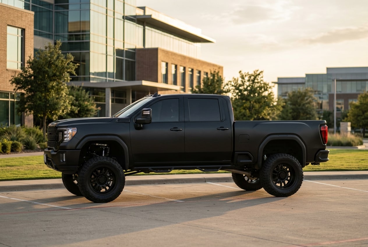 A heavy-duty truck with professional Cognito lift kits and aggressive all-terrain tires — Metroplex Customs, Irving TX