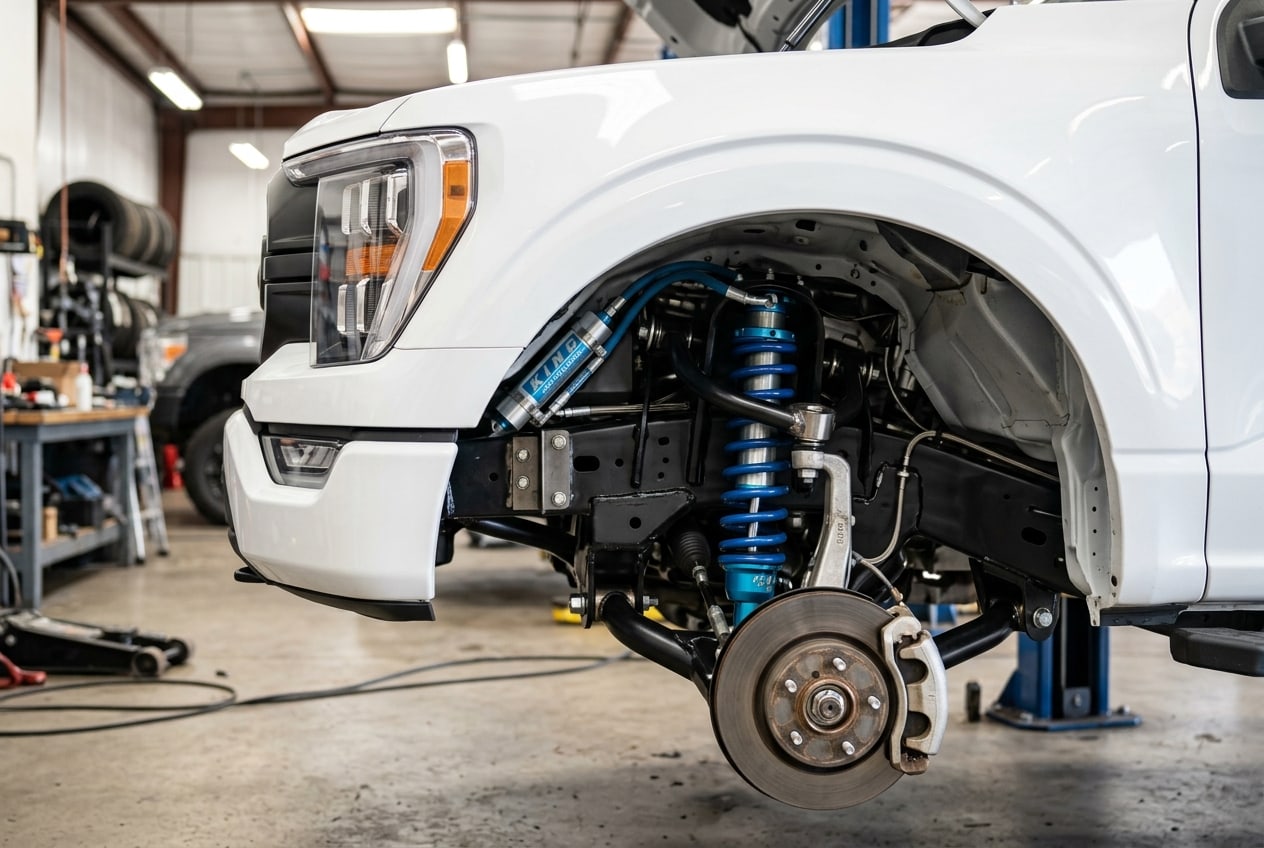 Detailed view of high-performance parts used in F150 Prerunner Builds installed on a modern truck — Metroplex Customs, Irving TX