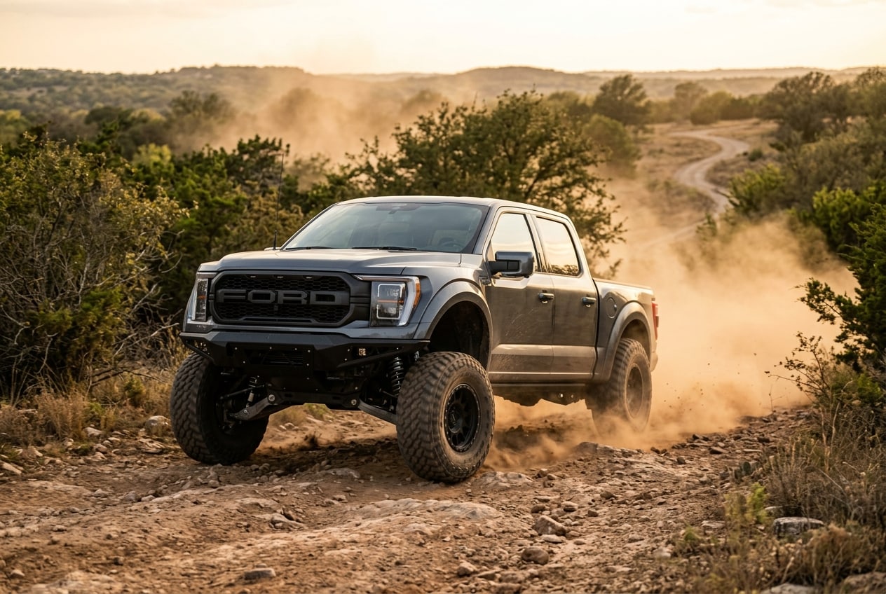 Modified truck tackling rough terrain during trail testing for F150 Prerunner Builds — Metroplex Customs, Irving TX