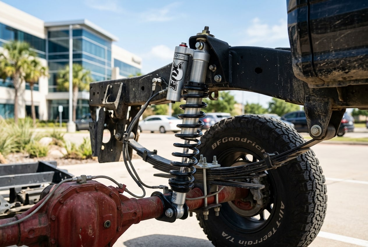 Close-up of FOX Performance Series shocks mounted on a truck suspension — Metroplex Customs, Irving TX