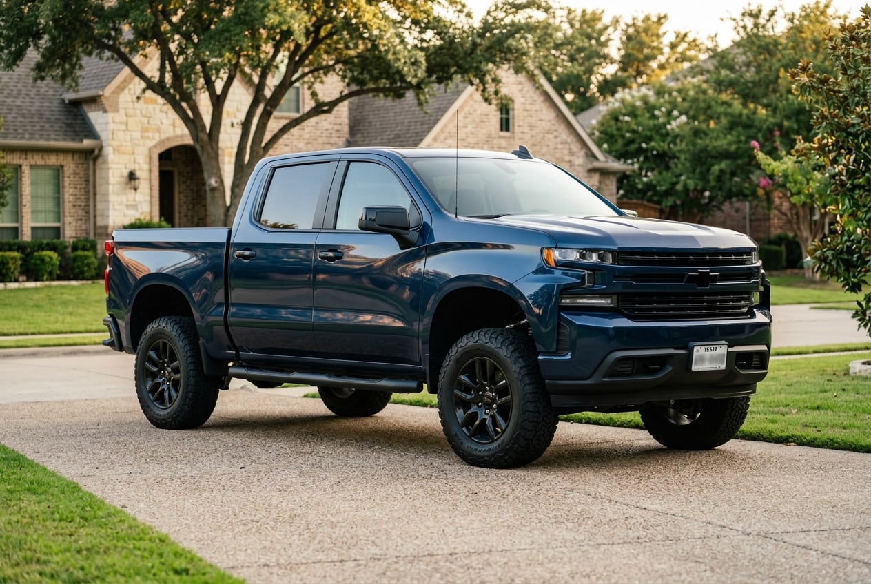 A lifted truck showing proper stance after installing FOX Performance Series shocks — Metroplex Customs, Irving TX