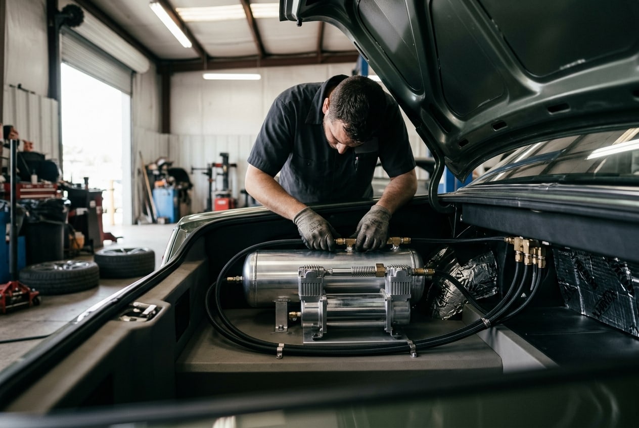 Clean trunk air management installation showing Is Air Suspension Reliable for Daily Driving in 2026 — Metroplex Customs, Irving TX