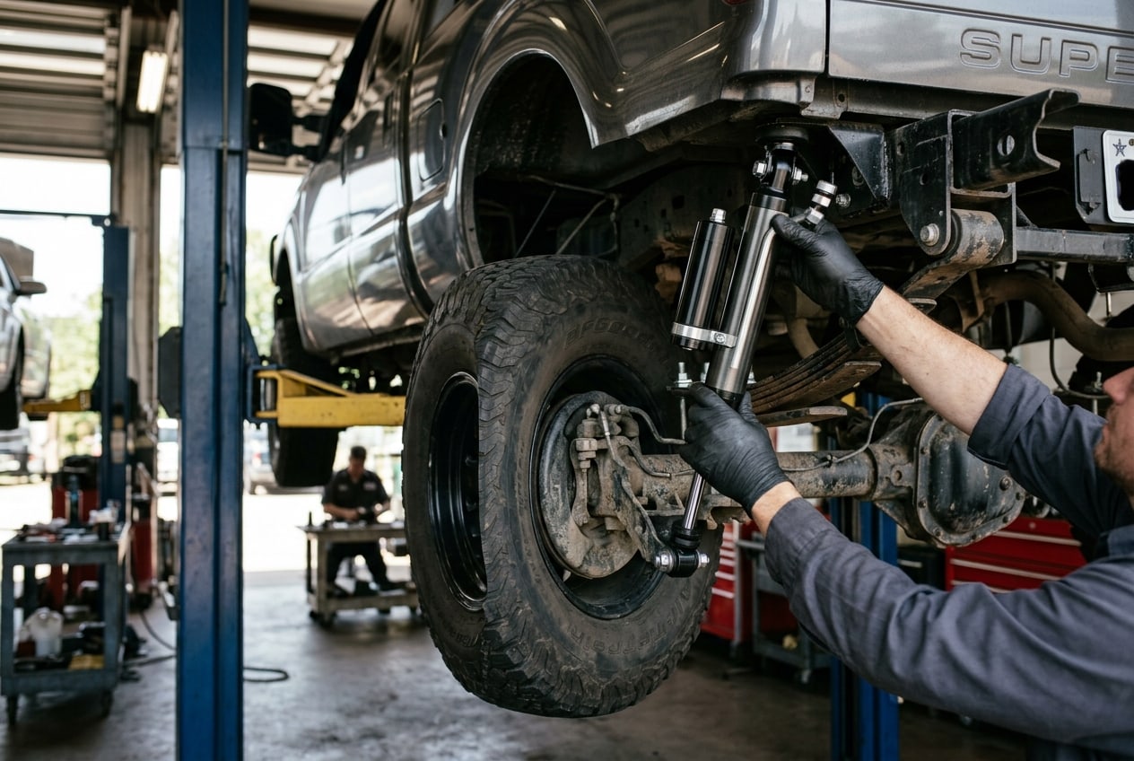 Mechanic installing new lift shocks vs stock components during an upgrade — Metroplex Customs, Irving TX