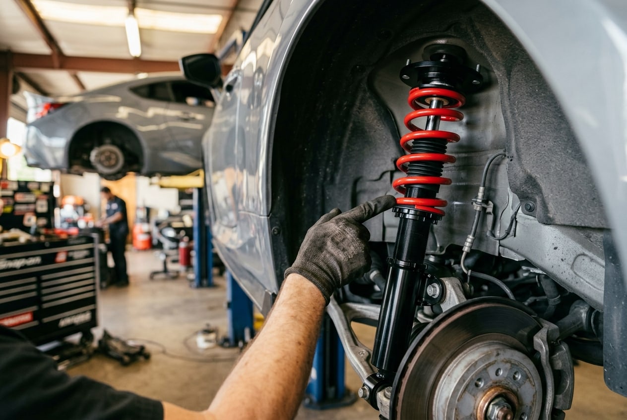 Close-up of a shock absorber and spring showing the key parts of a suspension system — Metroplex Customs, Irving TX