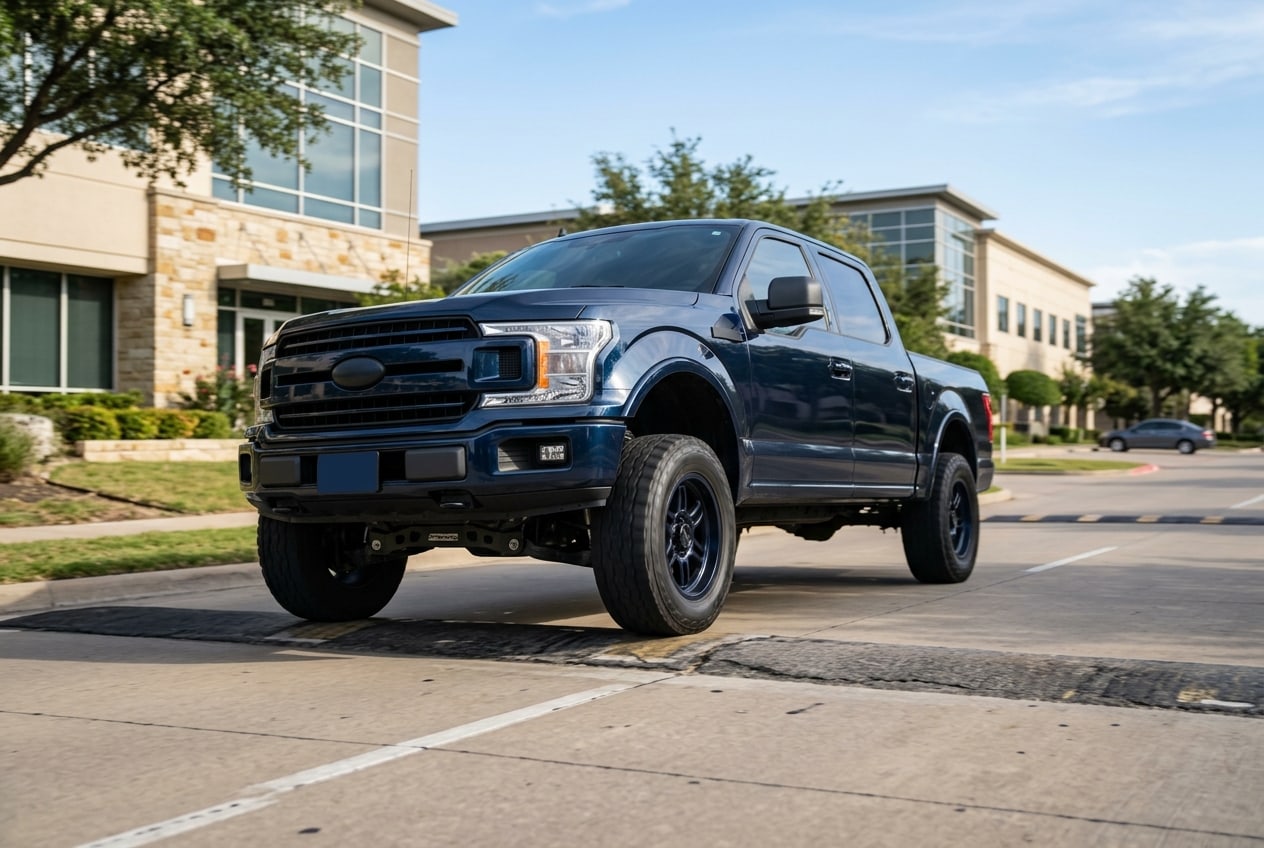 A truck riding smoothly over a bump, demonstrating the parts of a suspension system at work — Metroplex Customs, Irving TX