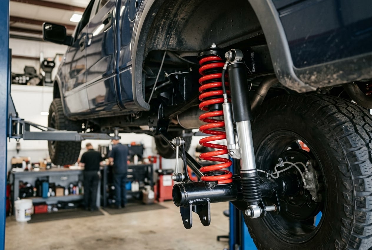 Close up of a new shock absorber and spring representing a vehicle suspension system explained in detail — Metroplex Customs, Irving TX