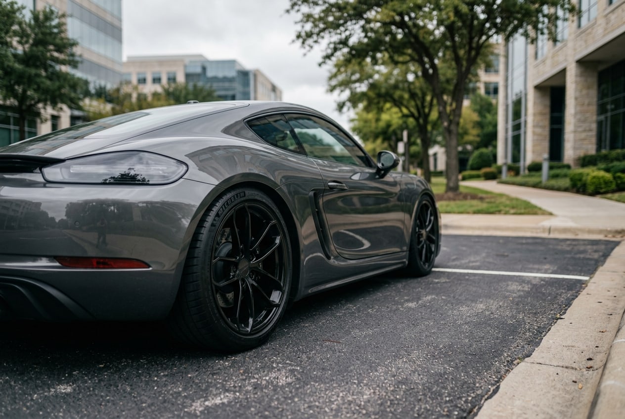 A sports car parked on pavement illustrating the safety importance of a healthy suspension system explained — Metroplex Customs, Irving TX