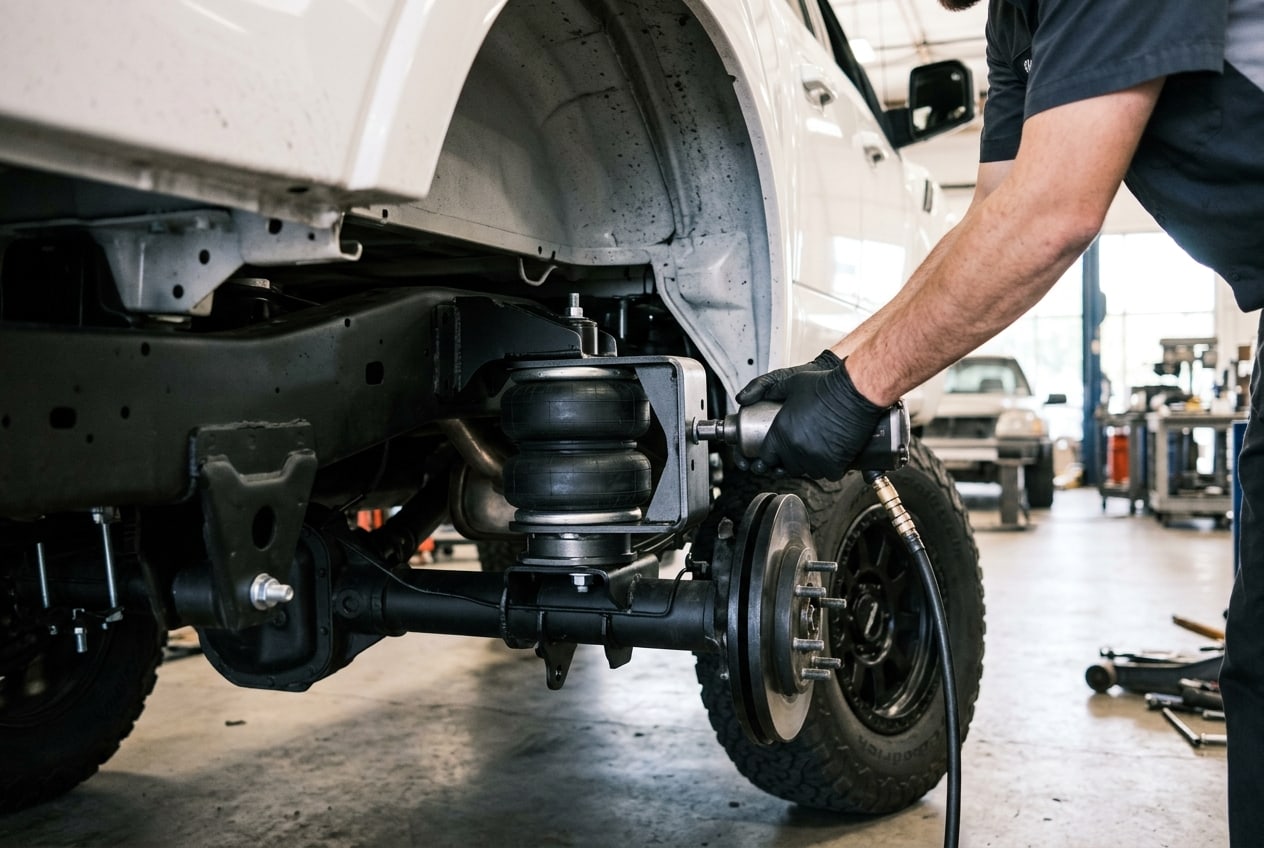 Installing adjustable helper springs to upgrade suspension for towing on a heavy-duty truck — Metroplex Customs, Irving TX