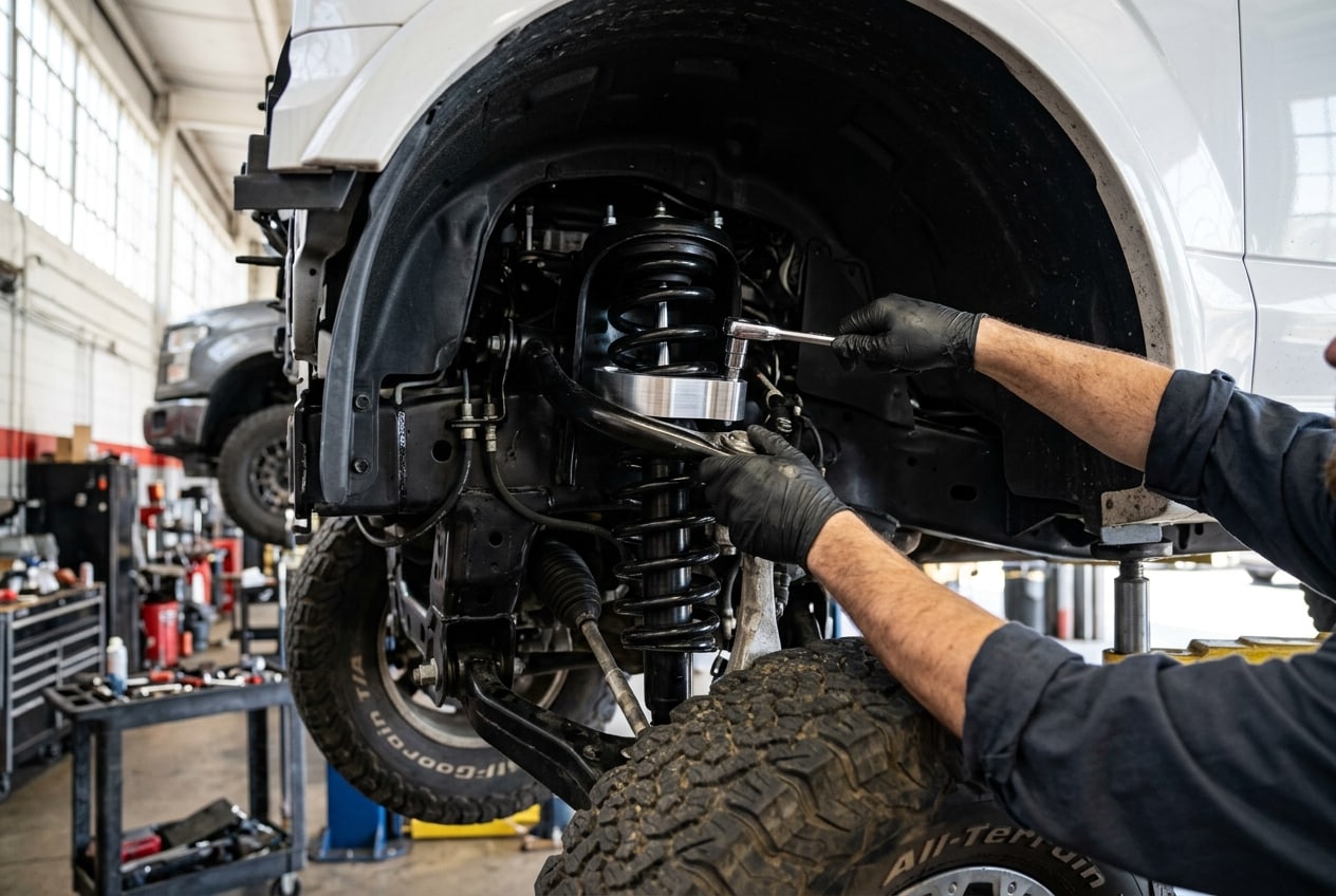 A mechanic installing a strut extension spacer as part of a professional leveling kit — Metroplex Customs, Irving TX