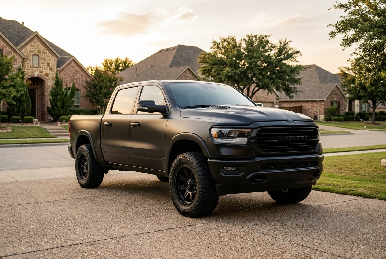 A leveled matte black Ram 1500 demonstrating what does a leveling kit do for tire clearance — Metroplex Customs, Irving TX