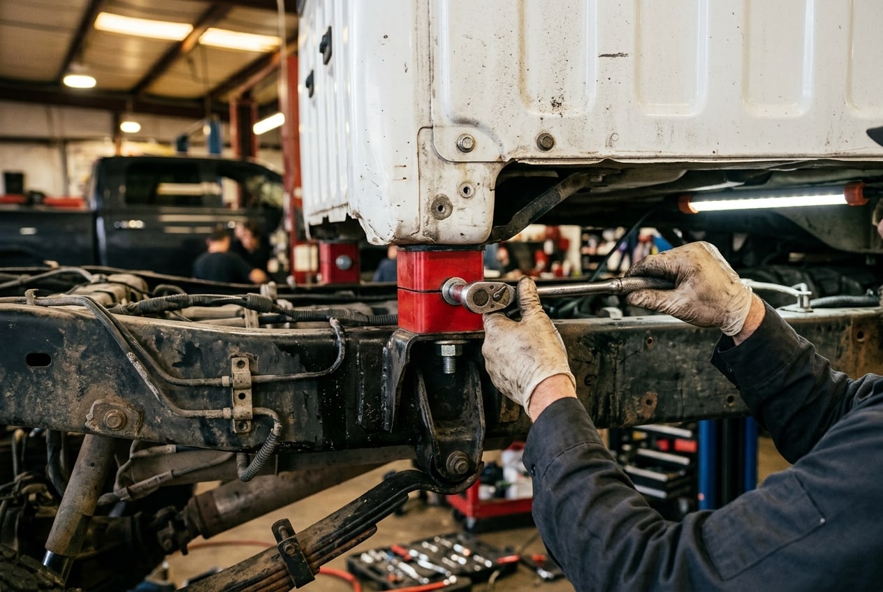 A mechanic installing a spacer block during a body lift installation for What Is a Body Lift Truck? Suspension vs. Body Lifts — Metroplex Customs, Irving TX