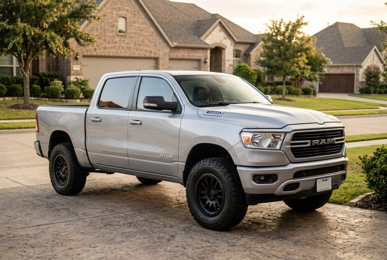 A silver Ram 1500 parked on a driveway illustrating What Is a Body Lift Truck? Suspension vs. Body Lifts — Metroplex Customs, Irving TX