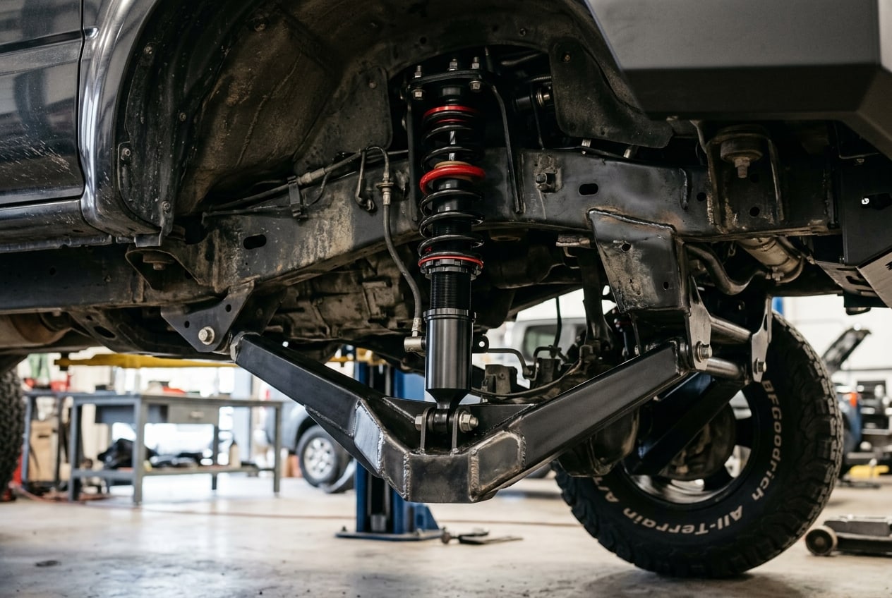 Close-up of car suspension system components during an upgrade — Metroplex Customs, Irving TX